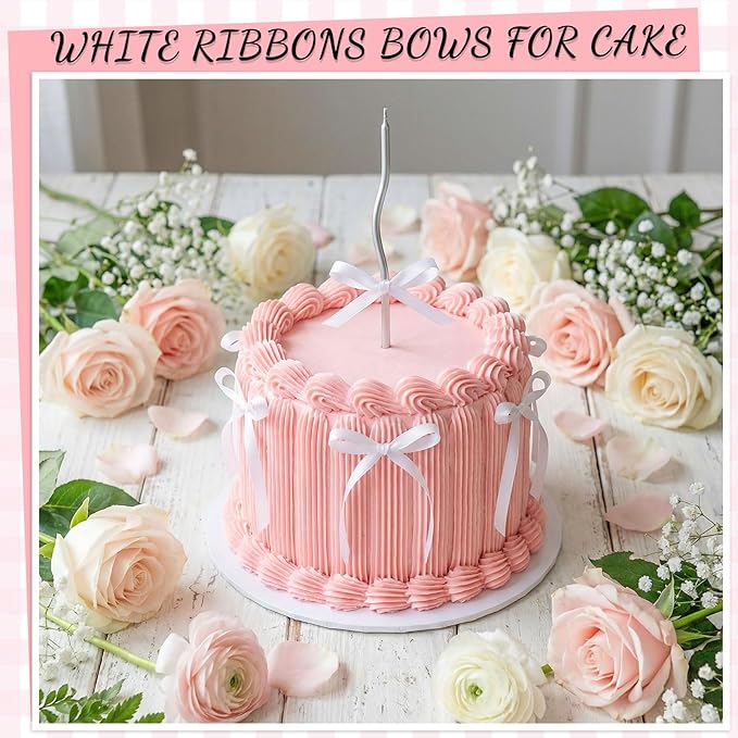 30 Pack Bow Cake Toppers White Ribbons Bows for Cake Bow Birthday Decorations Coquette Themed Bow Cupcake Topper for Bridal Wedding Baby Shower Bachelorette Party Mothers Day Decorations