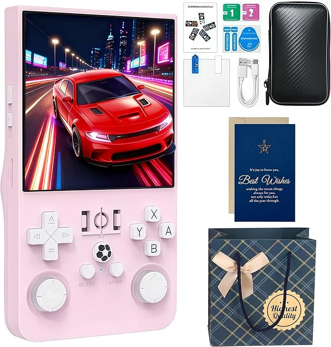 R36MAX Retro Handheld Game Console with Gift Card & Premium Bag, 4.0 Inch IPS Screen, 21,000+ Classic Game, Portable Linux System, 4000mAh Battery Retro Gaming Console (Pink Set)