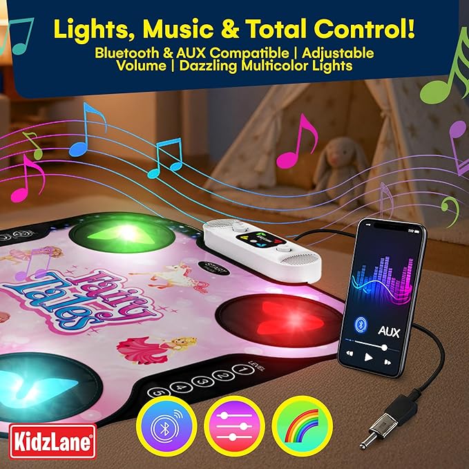 Kidzlane Light Up DJ Dance Mat for Kids - Bluetooth & AUX Compatible - 3 Fun Arcade Games with 5 Difficulty Levels - Detachable Top Mats with Fairytale & Speaker Motives - Adjustable Volume - Ages 6+