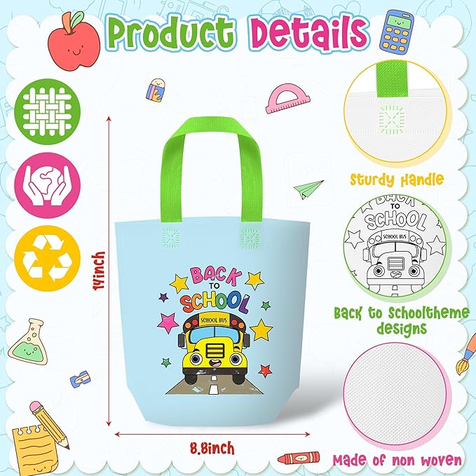 Back to School Coloring Goodie Bags for Kids - 24Pcs Welcome Back Bulk Color Your Own Gift Bags with Handle First Day of School Reusable Coloring Bag Non Woven Tote Bag for Classroom Party DIY Crafts