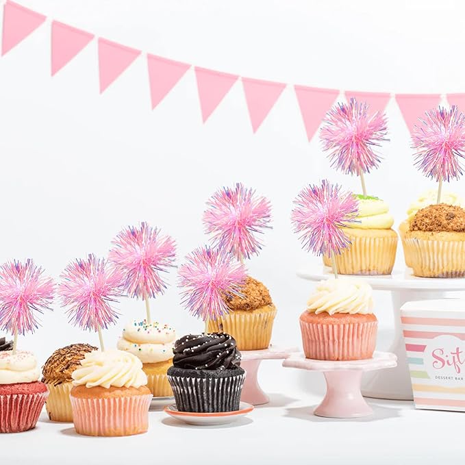 Gyufise 30Pcs Foil Firework Cupcake Toppers Sparkle Tinsel Cake Toppers Tinsel Drink Cake Decoration Cocktail Picks for Birthday Wedding Graduation Party Supplies Dark Pink