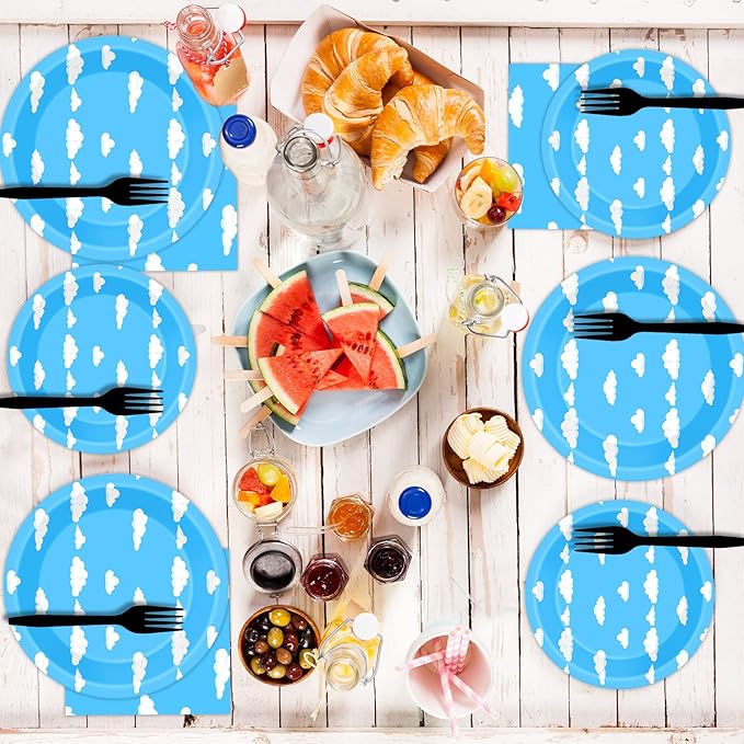 Blue Sky 96 Pc White Clouds Party Plates & Napkins - Cartoon Story Tableware Set - Clouds Theme Decorations & Favors for Girls & Boys Birthday & Baby Shower - Serves 24