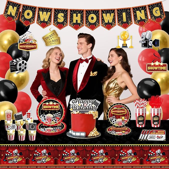 Movie Night Supplies, 160PCS Movie Themed Party Decorations with Now Showing Banner, Hanging Swirls, Balloons, Plates, Napkins, Cups, Forks, Straws, Tablecloths, Cake & Cupcake Toppers