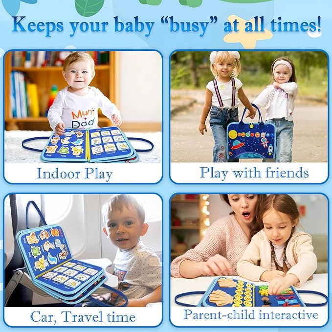 Busy Board for Toddlers 1-3 Sensory Busy Book for 1+ Year Old Boys Girls Montessori Learning Activity Books Birthday Christmas Toddler Gift (Planet)