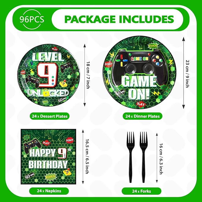 Grencian 96 Pcs 9th Video Game Birthday Party Decorations Green Video Game Level 9 Birthday Plates and Napkins Tableware Sets for Kids Boys 9 Years Old Gamer Gaming Party Supplies Favors Serves 24