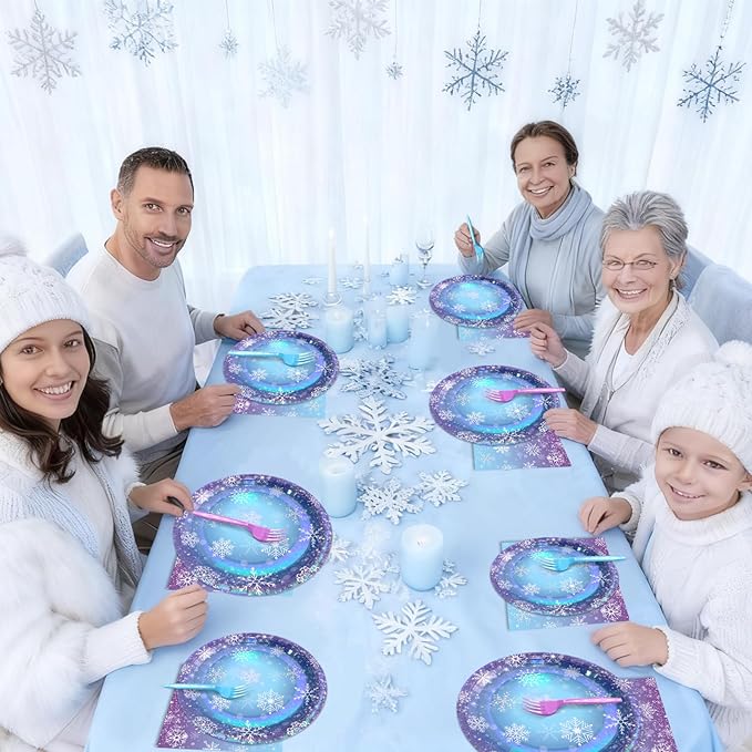 96 Pcs Winter Snowflake Paper Plates and Napkins Blue Purple Snowflake Disposable Tableware Winter Wonderland Dinnerware for Christmas New Year Birthday Party Decor Supplies