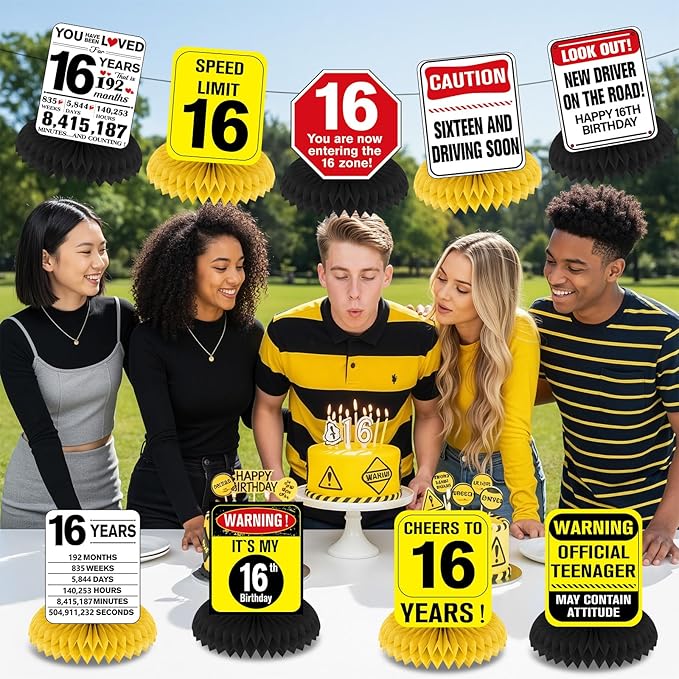 Funny 16th Birthday Decorations 9Pcs 16th Birthday Honeycomb Centerpieces for Sweet 16 Years Old Party Decor, Driver License Party Banner Caution Logos Sign Table Topper for Boys Girls