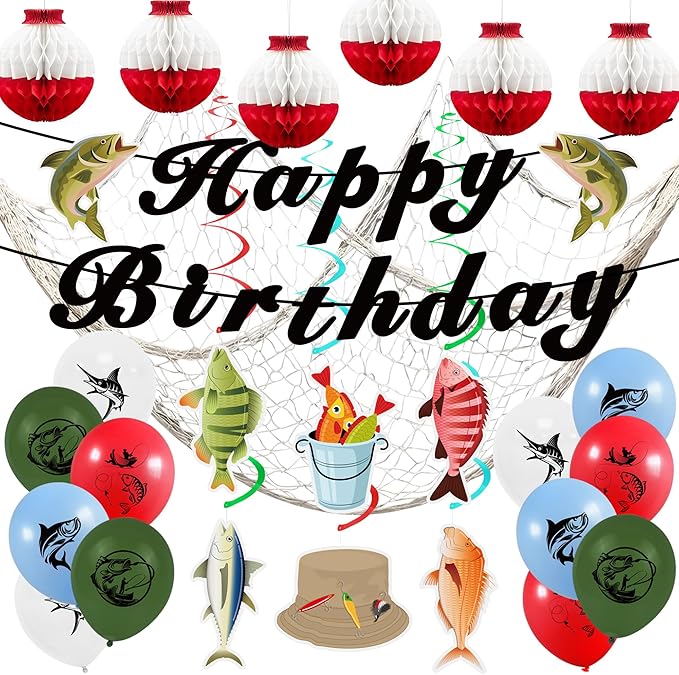 Gone Fishing Party Decorations Kit Include Hanging Banner Swirl Balloons (Happy Birthday)