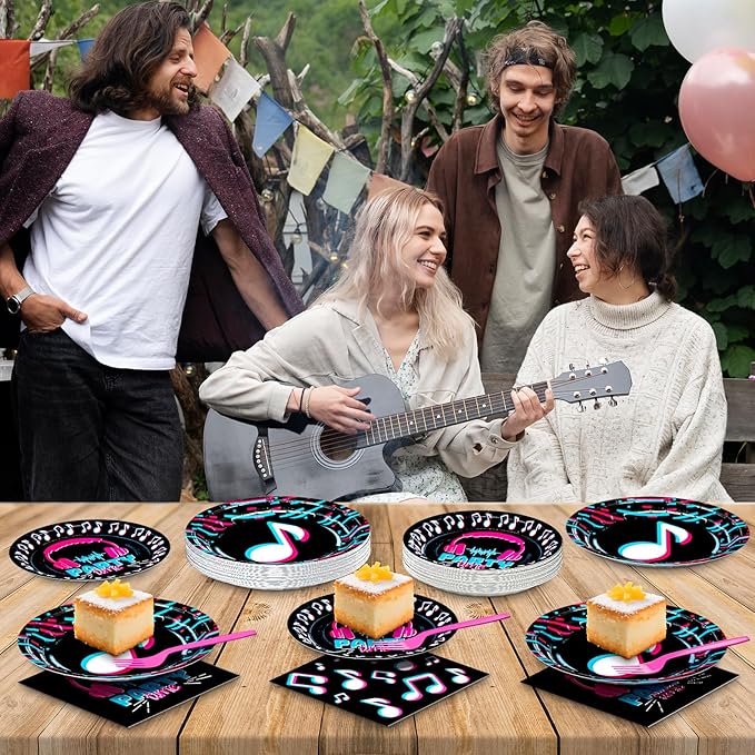 DYLIVeS 96 Pcs Music Party Supplies, Music Theme Birthday Party Decorations Disposable Tableware Packs Music Note Party Supplies for Girls - 9'' and 7'' Plates and Napkins, Forks (Serves 24)