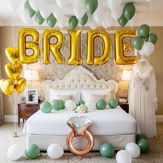 Sage Green Bridal Shower party decorations with HUGE 40 Inch BRIDE letter gold Balloons BRIDE to be Sash Bridal Veil Diamond Ring Heart shape Balloons For Bachelorette party Wedding supplies