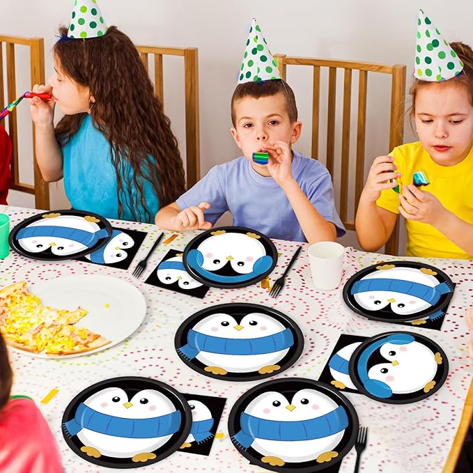 96 Pcs Penguin Birthday Party Supplies Paper Plates Napkins Winter Penguin Themed Party Winter Christmas Holiday Birthday Xmas Tableware Decorations Favors for Kids Serves 24