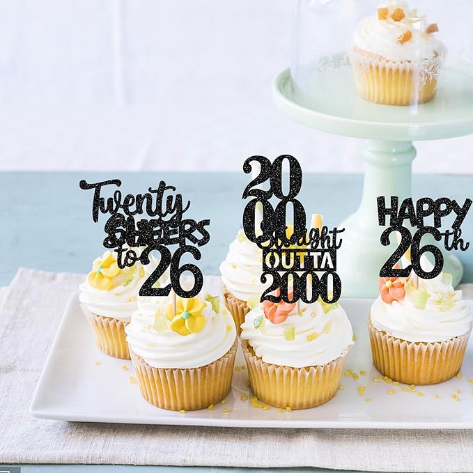 30PCS Black 26th Birthday Cupcake Toppers Glitter Twenty Six Happy 26th Straight Outta 2000 Cupcake Picks for Cheers to 26 Years Birthday Wedding Anniversary Party Cake Decorations Supplies
