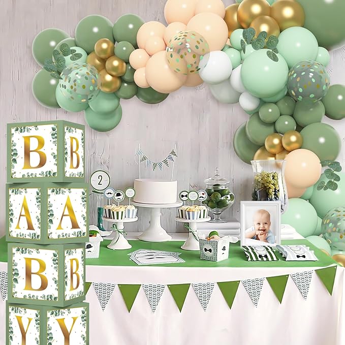 Amandir 145Pcs Baby Boxes Sage Green Baby Shower Decorations, Olive Green Balloon Garland Kit 4 Baby Blocks Gold Letter for Gender Neutral Boy Girl Safari Jungle Birthday Baptism Party Supplies