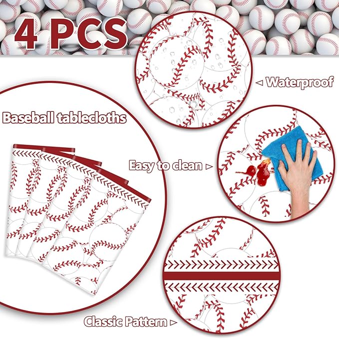 4 Pcs Baseball Tablecloths, Rectangular Baseball Pattern Table Cloth Disposable Party Decorations Table Covers for Boys Sports Event Birthday Party Supplies, 51x86 Inch