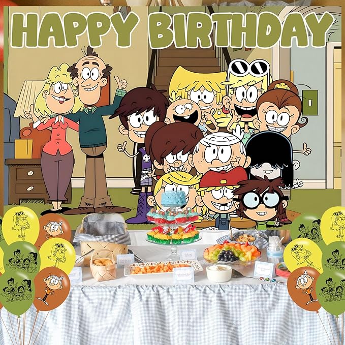 The Loud House Birthday Party Decoration,Loud House Party Photo Background 5 x 3 FT and 18 Pcs Balloon,Merch Party Backdrop Supplies