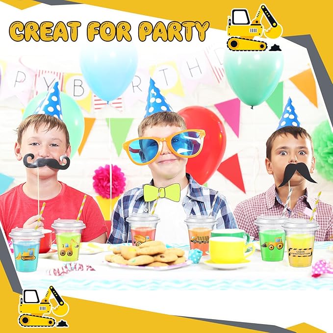 Boao 36 Sets Watercolor Construction Party Cups with Lids and Paper Straws 14 oz Disposable Clear Plastic Cups Bulk for Construction Birthday Party Favor Supplies Decorations