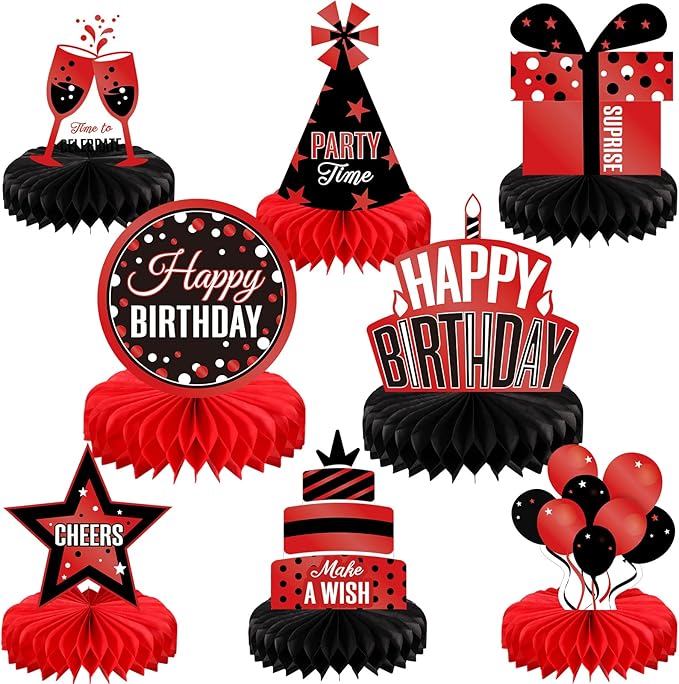 Pajean 8 Pieces Red and Black Birthday Party Honeycomb Centerpieces Red Black Table Centerpieces Decorations Table Centerpiece Sign for Kids Adults Party Supplies