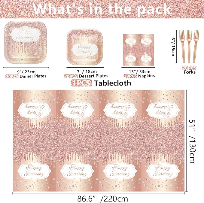 81 Pieces Rose Gold Party Decorations - Party Supplies Including Plates, Napkins, Tablecloth, Forks for Girl Women Mom Birthday, Serves 20