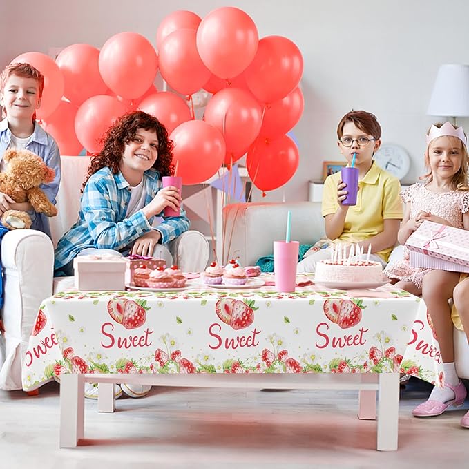 3Pcs Strawberry Tablecloth, 54 x 108 Inch Pink Checkered Plastic Tablecloth, Berry Sweet One Table Covers for Baby Shower, Strawberry Birthday Party, Berry First Birthday Decorations