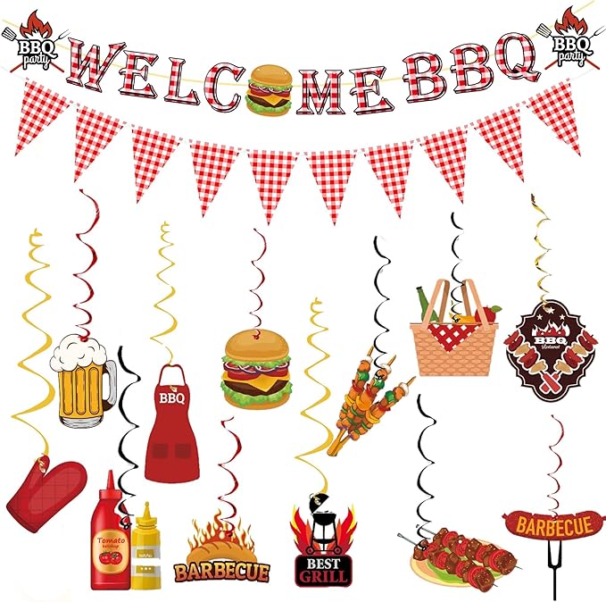 BBQ Themed Party Decorations,Welcome BBQ Banner, Barbecue Picnic Hanging Swirls for Birthday Party Decor Supplies