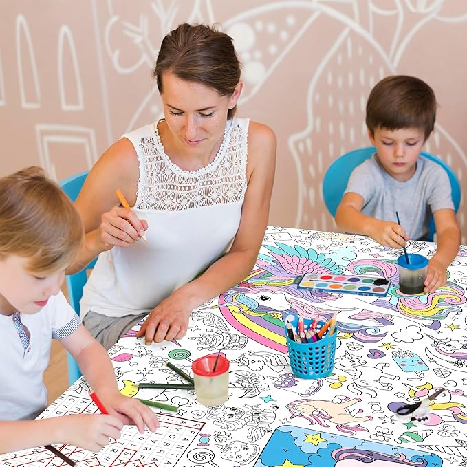 Unicorn Coloring Tablecloth for Kids, Magical 30x72 Inch Poster with Unicorns, Rainbows, Perfect for Girls Birthday Party Games, Fantasy Decorations, Classroom Activities, Event Supplies