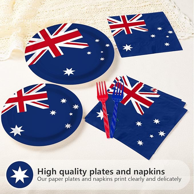 96Pcs Australian Flag Party Supplies Australia Birthday Plates and Napkins Australian National Flags Tableware Set for School Sports Events Patriotic Festival Birthday Party Decor，Serves 24