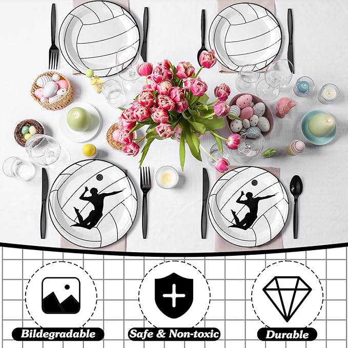 Zhehao 143 Pcs Black Volleyball Birthday Decorations Party Supplies Serves 24 Include Volleyball Themed Plate Fork Napkin Cup Banner Balloon Tablecloth for Sports Theme Birthday Party Favor