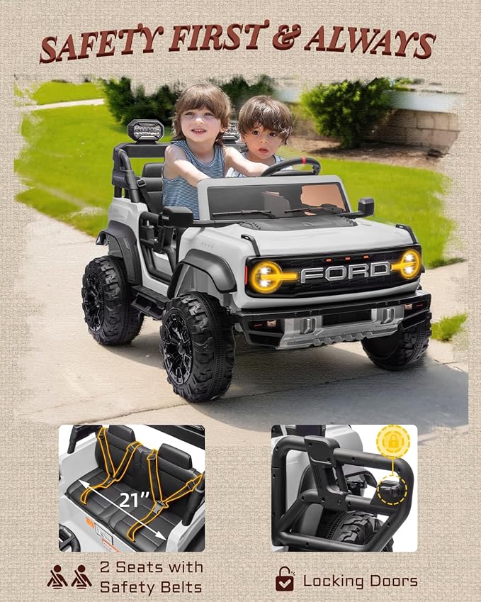First Ride On Licensed Ford Bronco Raptor 24V 2 Seater Kids Ride on Toys, Battery Powered Electric Ride on Car, Remote Control Electric Car w/Led Lights, Music, High Low Speed (24V, White)