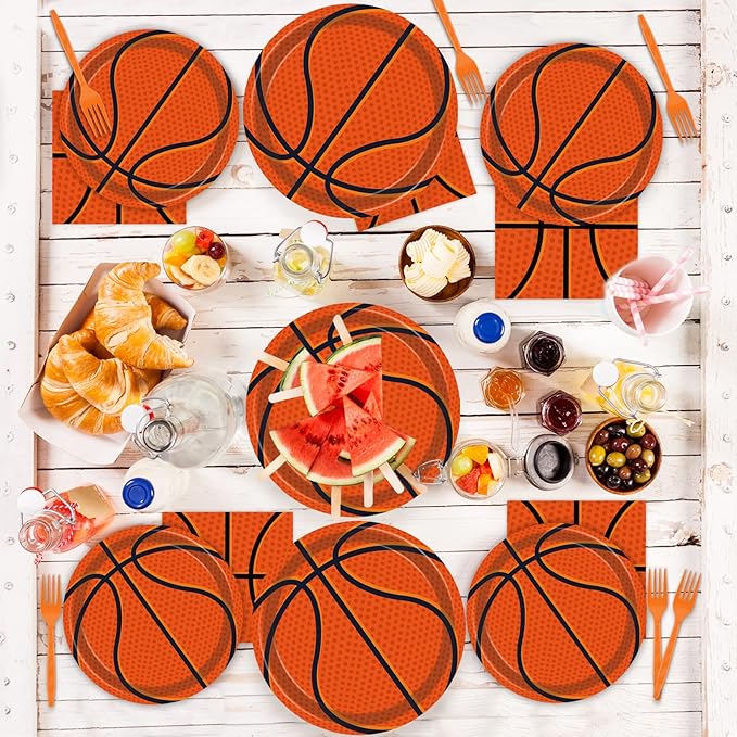 96Pieces Basketball Tableware Set Sport Party Disposable Plates Napkins Fork Basketball Birthday Party Decorations For Teenagers Kids Boys Baby Basketball Team Party Supplies Serves 24 Guests