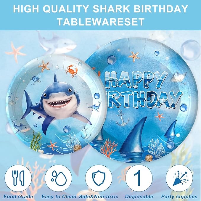 136PCS Shark Party Supplies for Boy Under The Sea Paper Plates and Napkins Banner Spiral Cake Toppers Hanging Swirls Birthday Table Decorations for 20 Guests