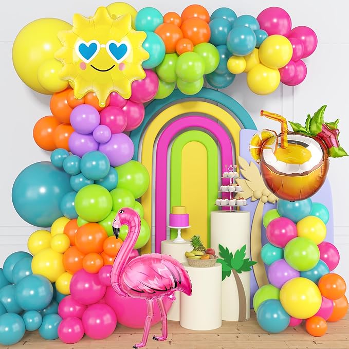 164Pcs Summer Tropical Balloon Arch Garland Kit, Rainbow Hot Pink Green Orange Blue Purple Sun Coconut Flamingo Foil Balloons for Hawaiian Luau Aloha Baby Shower Birthday Party Decorations Supplies