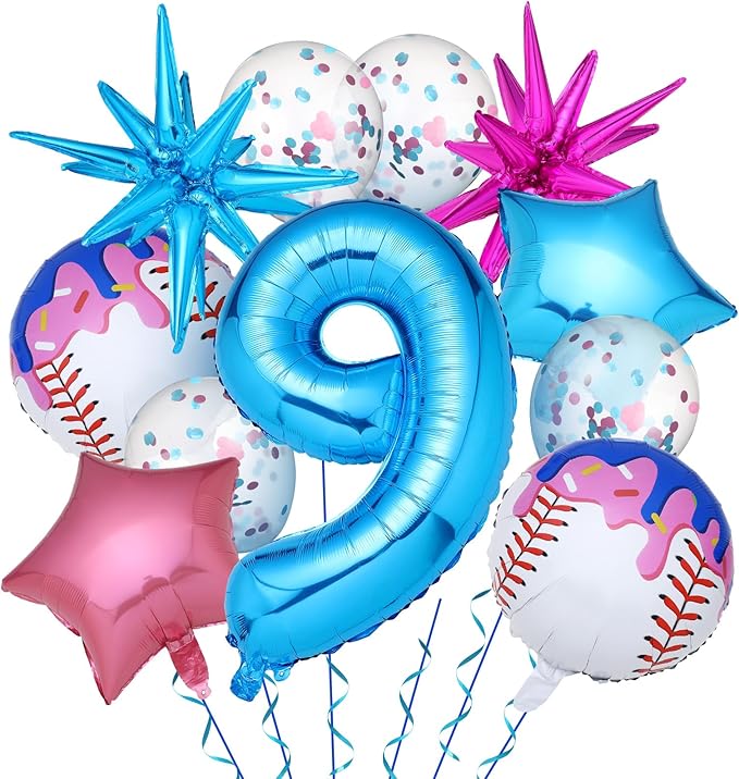 Ceenna 11 Pcs Ice Cream Drip Baseball Birthday Party Decorations 9th Baseball Balloons Birthday Decoration Sports Theme Party Supplies 32inch Foil Number 9 Balloon for Summer Ice Cream