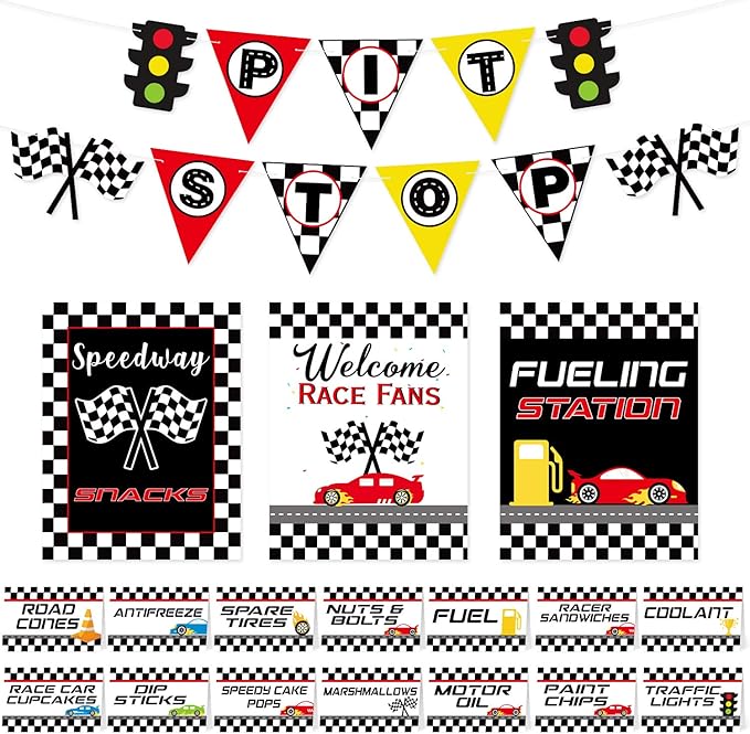 Race Car Bar Decorations Racing Car Birthday Party Decor Kit Pit Stop Banner Race Bar Signs Snack Tent Cards Let's Go Racing Theme Party Supplies