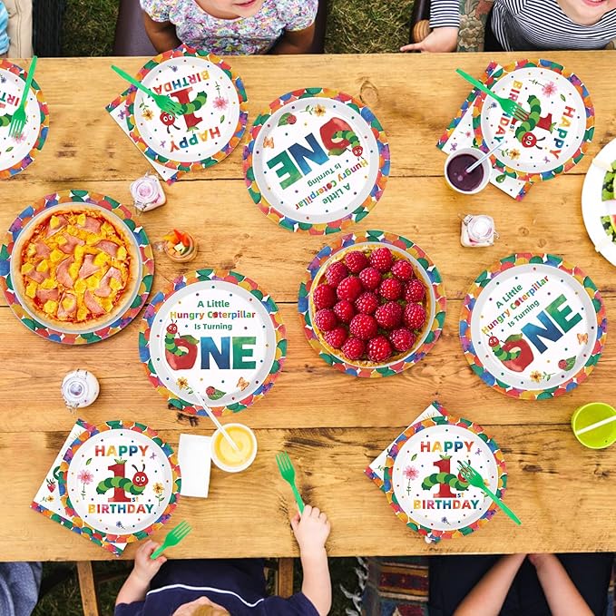 Grencian 200Pcs Caterpillar 1st Birthday Party Supplies A Hungry Green Insect is Turning One Plates and Napkins Tableware Set Hungry Caterpillar Party Decoration for Boys Birthday Baby Shower Serve 50