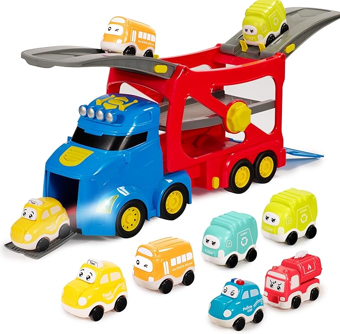 JOVA Extra Large Toy Trucks for Toddlers, 3-Layer City Trucks for Kids, 7-in-1 Big Transport Carrier Truck with Siren & Lights and 6 Toy Cars, Birthday Gifts for Boys