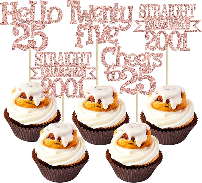Ephlyn 24Pcs 25th Birthday Cupcake Toppers Glitter Straight Outta 2001 Cupcake Picks Hello 25 Cheers to 25 Years Cake Decorations for 25th Birthday Anniversary Party Decorations Supplies Rose Gold