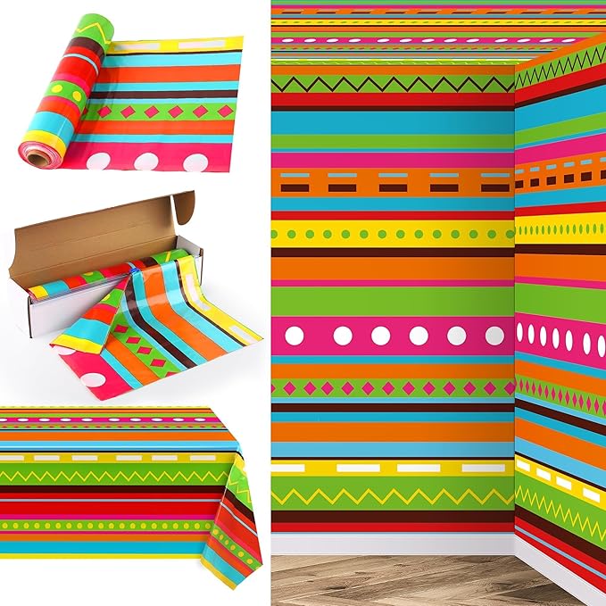 Kochorie 1 Roll 100 Ft x 54 Inch Mexican Fiesta Party Tablecloth Roll with Cutting Box Disposable Plastic Mexican Striped Table Cover Backdrop for Fiesta Taco Party Supplies