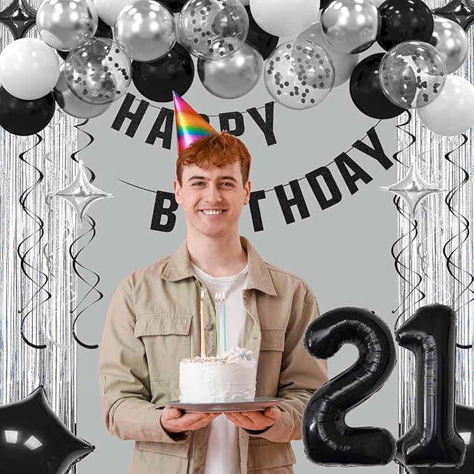 21st Birthday Decorations for Boys Girls, Happy Birthday Decorations for Her Him,21 Black and Silvery Party Kit Supplies