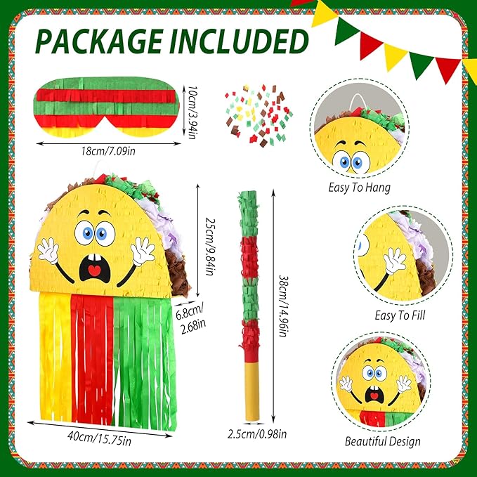 21pcs Taco Pinata Party Set Mexican Party Decorations Taco Pinata with Headbands Spiral Streamers Pull Flag for Cinco De Mayo Fiesta Birthday Celebrations (15.75 x 9.84 x 2.68 Inch)