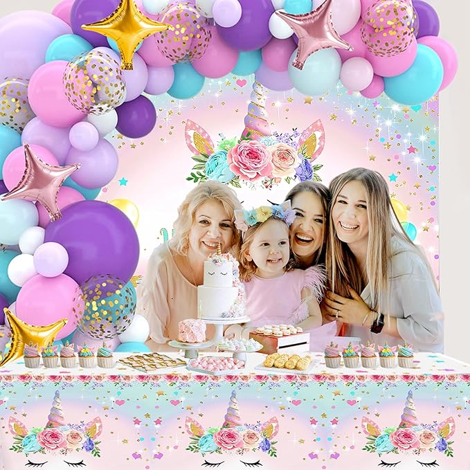 Unicorn Birthday Decorations for Girls,118pcs Unicorn Theme Party Supplies with Balloon Garland Arch Kit Backdrop and Tablecloth for Girls Women Birthday Party Decorations