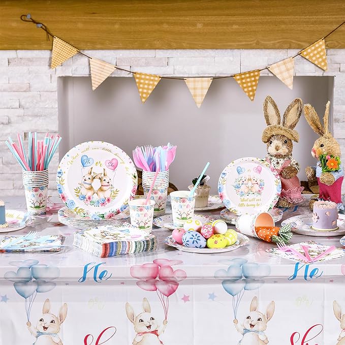 Yungyan 231 Pcs Easter Bunny Gender Reveal Party Supplies, Serve 25, Easter Baby Shower Tableware Paper Plates Tablecloth Cups Napkins Straws and Napkins for Birthday Tableware Table Party Favors