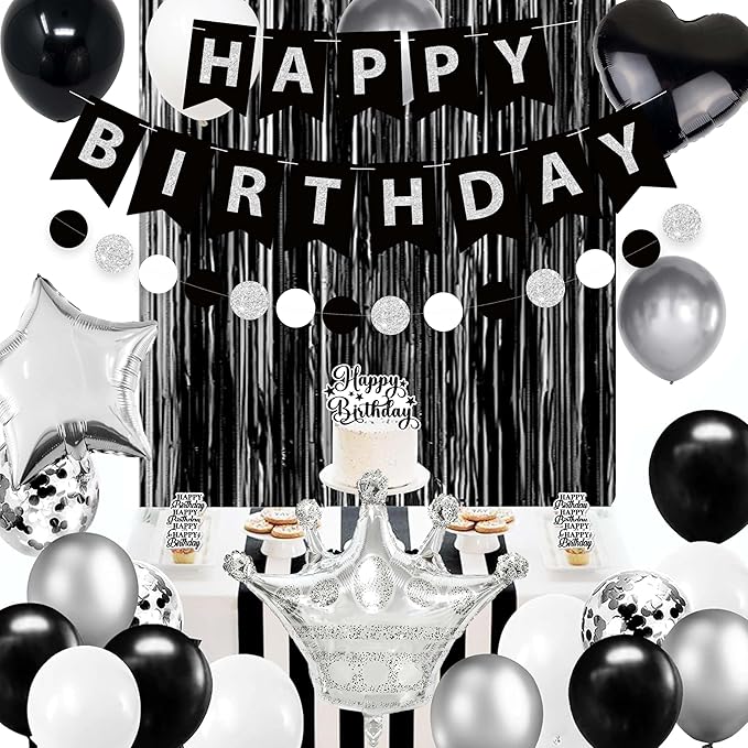 Black Silver Birthday Decorations for Men,Fringe Curtains Happy Birthday Banner,Red balloons,Cake Toppers for Boys