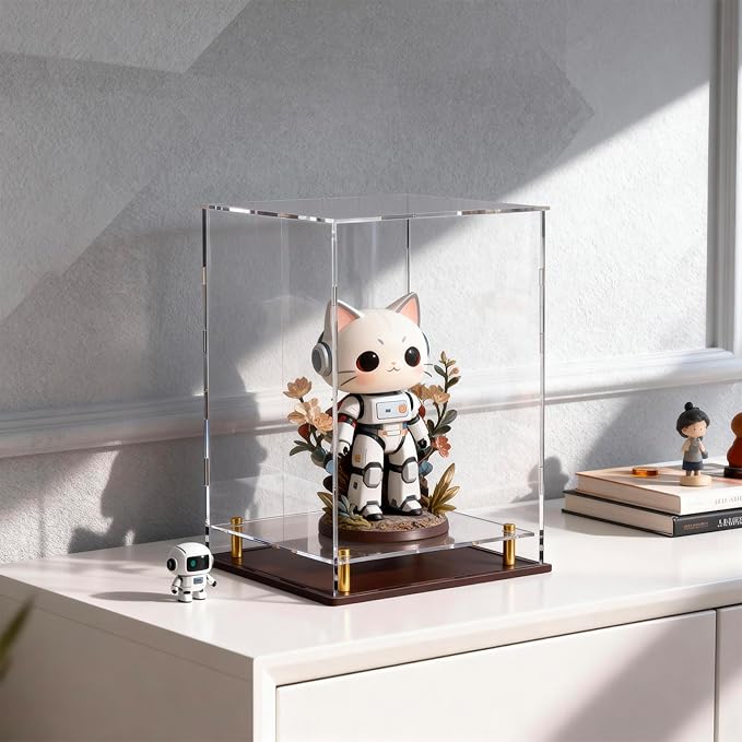 Acrylic Display Case for Collectibles, Dustproof Acrylic Box with Clear Display Elevation & Gold Risers, Large Display Case for Figures Toys Memorabilia, 8" L x 8" W x 12" H