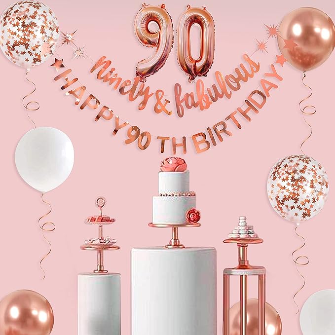 Rose Gold Ninety & Fabulous Happy 90th Birthday Banner Garland Foil Balloon 90 for Womens 90th Birthday Decorations Hanging 90 and Fabulous Cheers to 90 Years Old Birthday Party Supplies Backdrop
