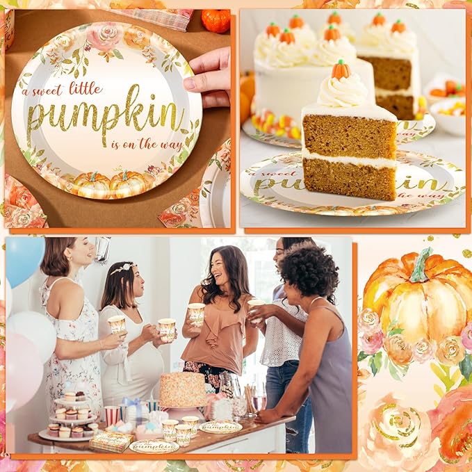Hushee 200 Pcs Little Pumpkin Baby Shower Paper Plates Napkins Cups Baby Shower Party Supplies Tableware Set Yellow Disposable Cup Napkin for 50 Guest Autumn Thanksgiving Party Decoration