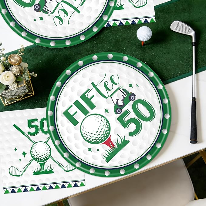 Rakuto Golf 50th Birthday Decorations - 50 Pcs Fiftee Golf Themed Party Plates and Napkins Set Supplies, Disposable Tableware Decorations for Men Women Sports Birthday Party Serves 25 Guests