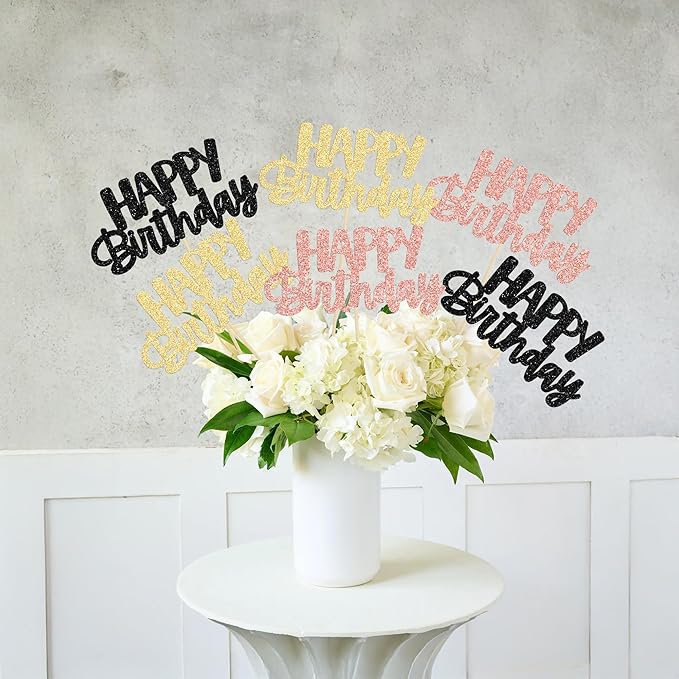 Gyufise 12Pcs Happy Birthday Centerpieces Sticks Double Sided Glitter Birthday Party Decorations Anniversary Table Flower Centerpiece for Celebrating Party Supplies Black Gold Rose Gold
