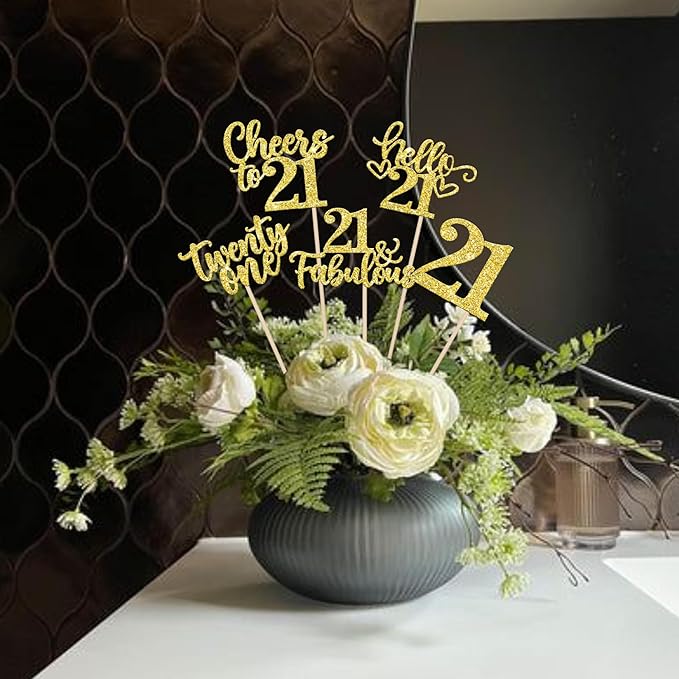 15PCS Happy 21st Birthday Centerpiece Sticks Hello 21 Fabulous Table Flower Centerpieces Sticks Twenty One Sweet Cheers to 21 Years Floral Decoration for 21st Birthday Party Centerpieces Sticks Gold