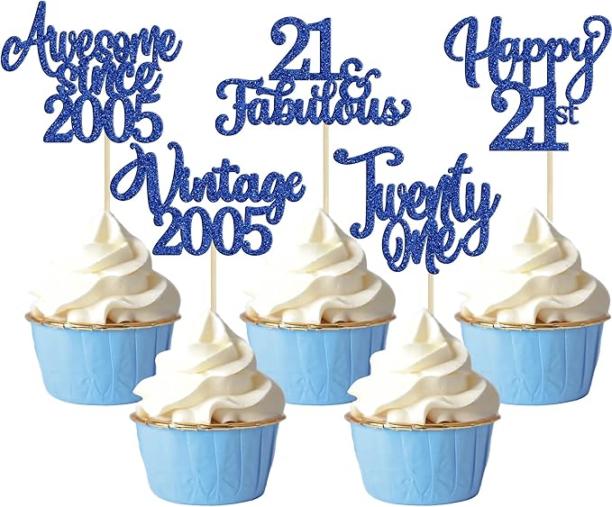 Ephlyn 30Pcs Happy 21st Birthday Cupcake Toppers Glitter Twenty-one 21 Fabulous Vintage 2005 Cupcake Picks for 21st Birthday Anniversary Retirement Party Cake Decorations Supplies Dark Blue