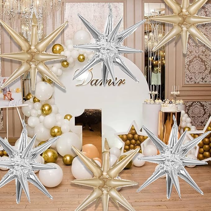 6 Pcs Silver Star Foil Balloons One-Piece 14-Pointed Star Balloon 4D Starburst Cone Mylar Balloon 22inch Christmas Birthday Wedding Wedding Anniversary Party Supplies (Silver + Caramel Colour)